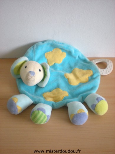 Doudou Eléphant Baby sun Bleu jaune mauve anneau dentaire 