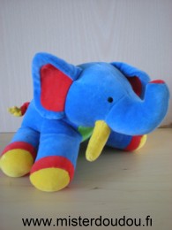 Doudou Eléphant Baby sun Bleu rouge jaune vert Musical quand on tire sur la queue