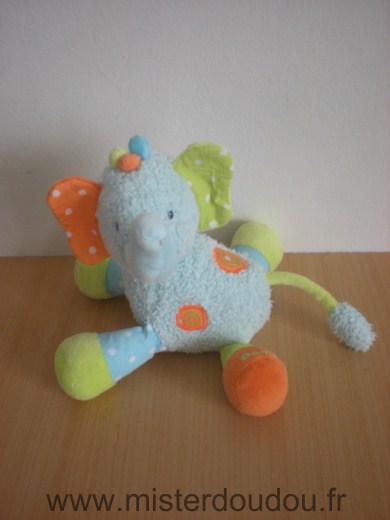 Doudou Eléphant Baby sun Bleu vert orange 