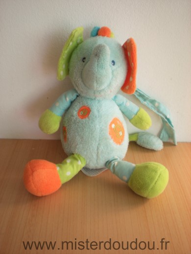 Doudou Eléphant Babyclub Bleu orange vert Tres bon état général sauf boite musical ne fonctionne plus (plus de ficelle)