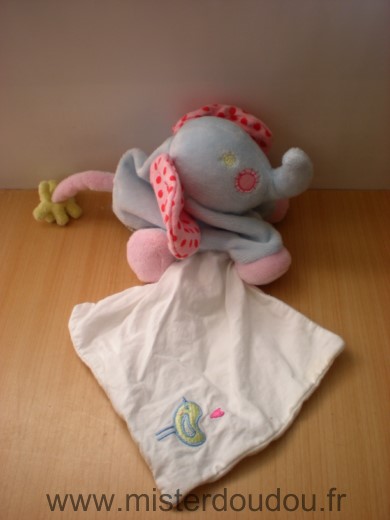 Doudou Eléphant Bébé9 Bleu rose mouchoir blanc 