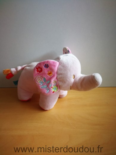 Doudou Eléphant Bébérêve Rose fleurs sur les oreilles 