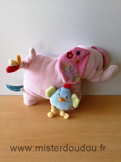 Doudou Eléphant Bébérêve Rose oiseau bleu 