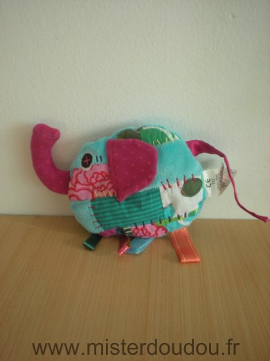 Doudou Eléphant Catimini Bleu rose vert etiquettes 