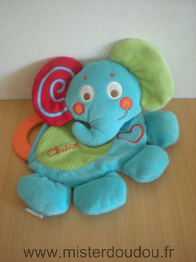 Doudou Eléphant Chicco Bleu vert rouge anneau dentaire 