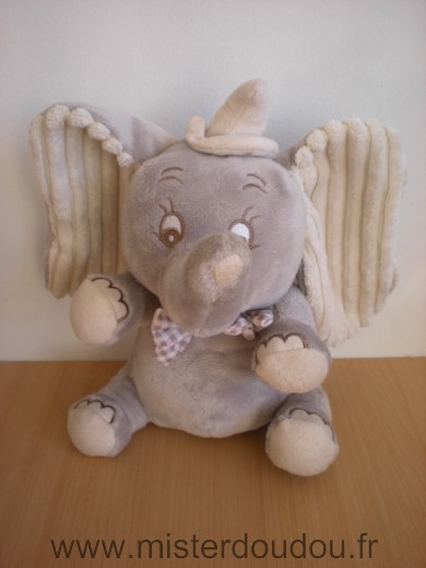 Doudou Eléphant Disney Dumbo musical gris ecru noeud vichy marron 
