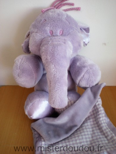 Doudou Eléphant Disney Efelan lumpy mouchoir mauve vichy mauve 