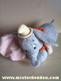 Doudou Eléphant Disney Gris col orange chapeau jaune Dumbo l'éléphant