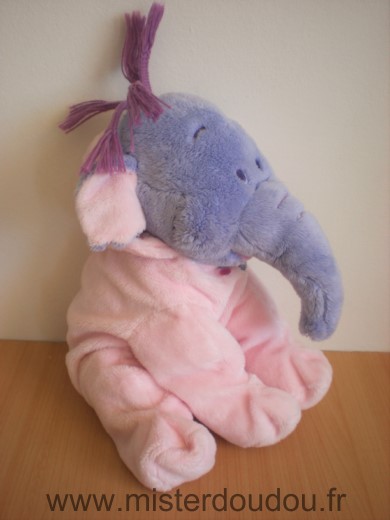 Doudou Eléphant Disney Lumpy mauve pyjama rose capuche trois boutons brodes tete de lumpy 