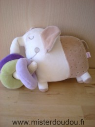 Doudou Eléphant Du pareil au même Ecru marron avec 3 anneaux vert mauve violet 