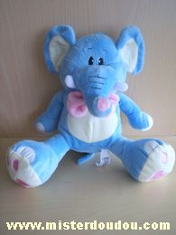 Doudou Eléphant Eluz Bleu blanc noeud rose coeur rose sous les pattes 