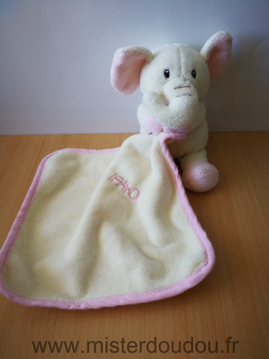 Doudou Eléphant Fao baby Ecru mouchoir ecru rose 