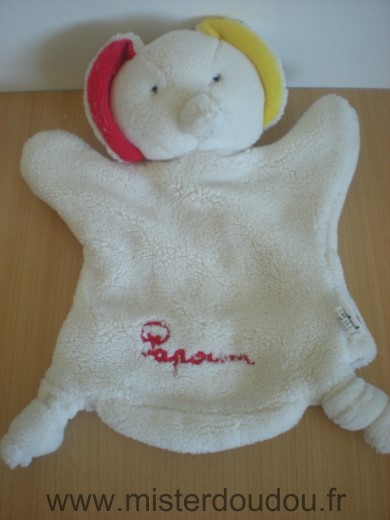 Doudou Eléphant Fleurus presse Papoum blanc rouge jaune 