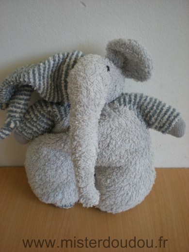 Doudou Eléphant Happy horse Gris blanc tissus eponge 