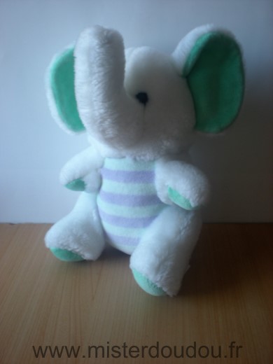 Doudou Eléphant Jemini Peluche blanc rayures mauve vert 