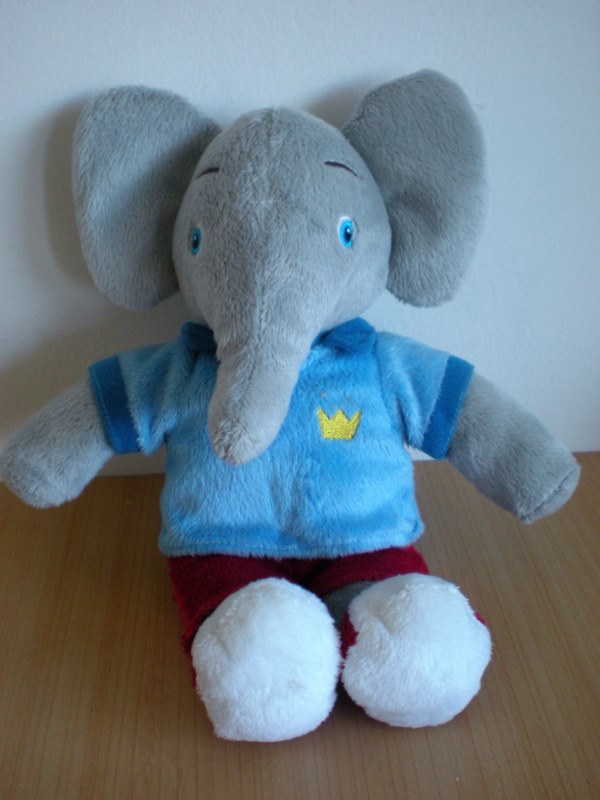 Doudou Eléphant Lansay Gris pull bleu short rouge babar alexandre Boitier sonore ne fonctionne pas