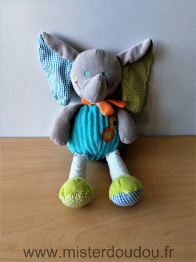 Doudou Eléphant Mots d enfants Bleu gris vert orange 