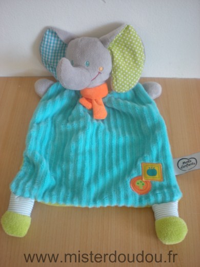 Doudou Eléphant Mots d enfants Bleu vert  echarpe orange 