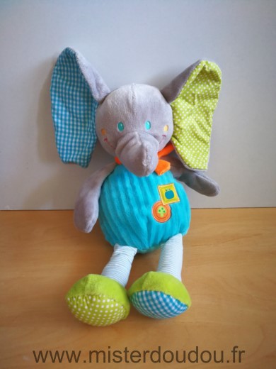 Doudou Eléphant Mots d enfants Bleu vert gris 