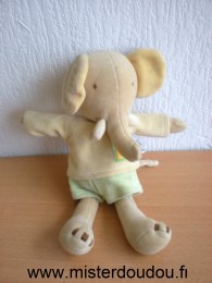 Doudou Eléphant Moulin roty Jaune short vert les loustics 
