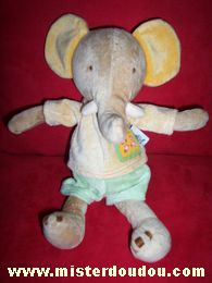 Doudou Eléphant Moulin roty Marron oreilles jaunes Tshirt beige short vert