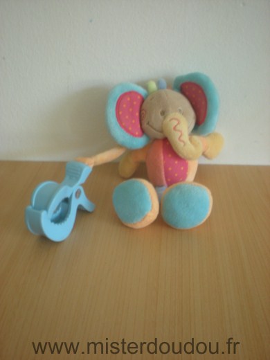 Doudou Eléphant Nattou Rose bleu orange avec pince bleue Hochet dans le ventre quand on le secoue