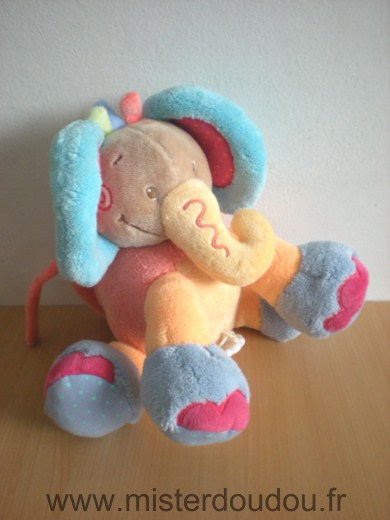 Doudou Eléphant Nattou Rose bleu orange jaune motif palmier sur le coté 