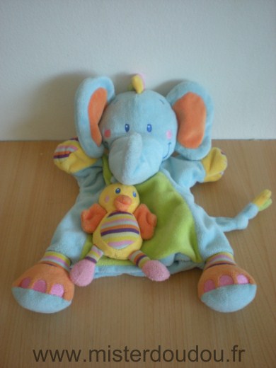 Doudou Eléphant Nicotoy Bleu vert orange oiseau jaune 
