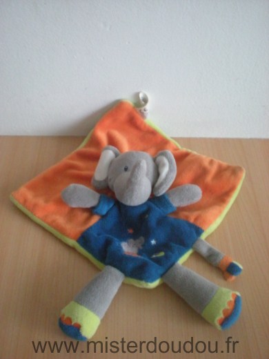 Doudou Eléphant Nicotoy Orange bleu gris dessous vert 