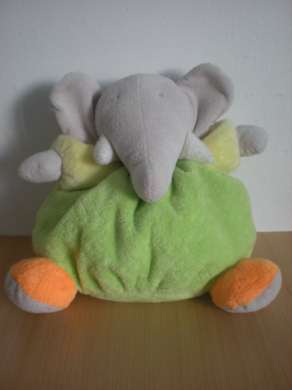 Doudou Eléphant Nounours Vert orange jaune 