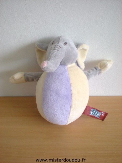 Doudou Eléphant Peeko Gris mauve jaune 