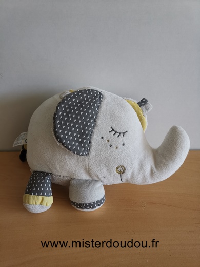 Doudou Eléphant Sauthon Blanc gris jaune 