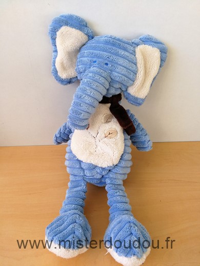 Doudou Eléphant Tex Bleu blanc marron feuilles 