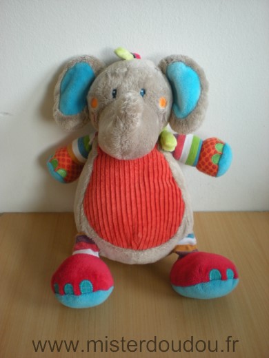 Doudou Eléphant Tex Gris ventre orange echarpe verte 