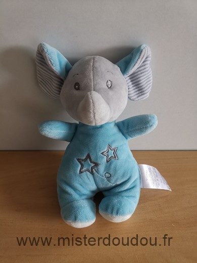 Doudou Eléphant Tom et kiddy Bleu gris etoiles 