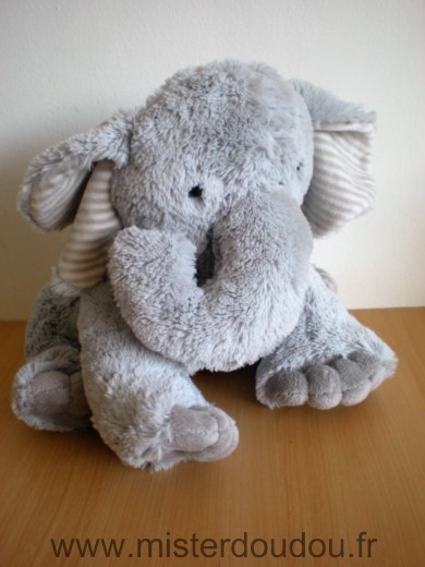 Doudou Eléphant - marque non connue - Peluche izaneo assis gris oreilles rayees 