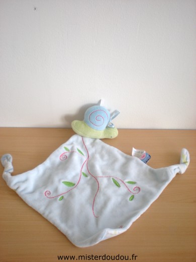 Doudou Escargot Sucre d orge Bleu vert avec brodages et dessous du tissus careaux 