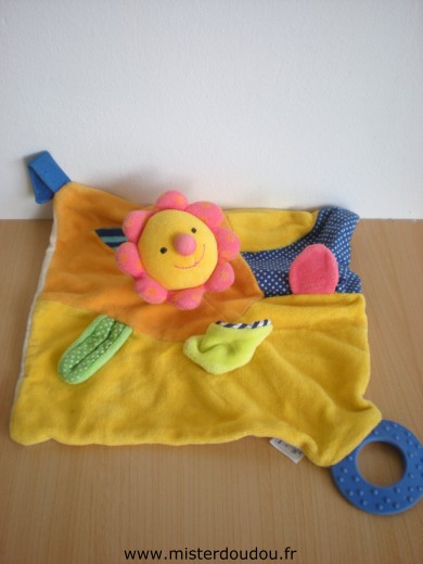 Doudou Fleur Baby sun Jaune multicolore avec attache tétine et anneau dentaire Tissus un peu bouloché