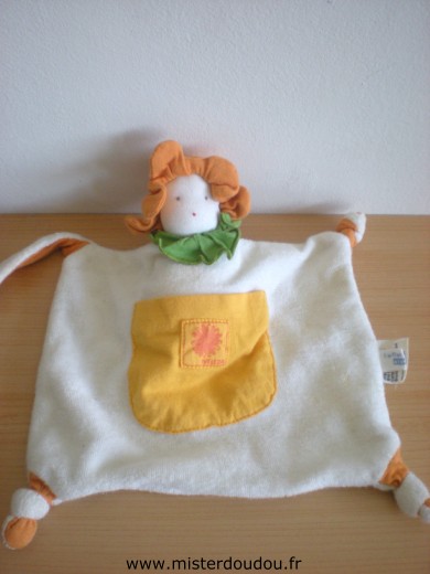 Doudou Fleur Weleda Tissus eponge blanc , jaune orange vert 