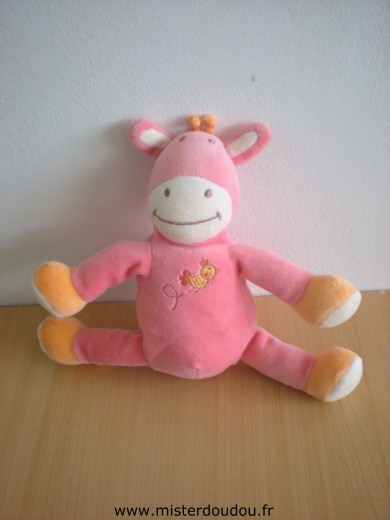 Doudou Girafe Amtoys Rose avec ptit oiseau brodé 