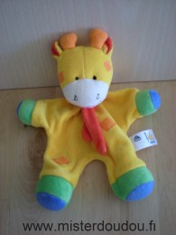 Doudou Girafe Baby sun Jaune bleu vert echarpe rouge taches oranges 