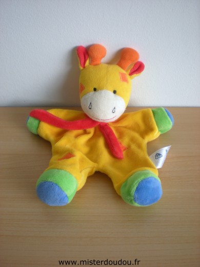 Doudou Girafe Baby sun Jaune vert bleu echarpe rouge 