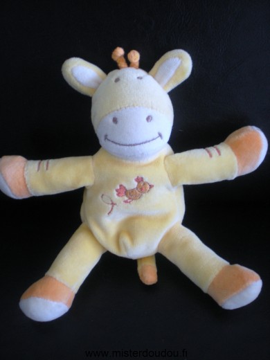 Doudou Girafe Bébérêve Jaune orange avec oiseau brodé 