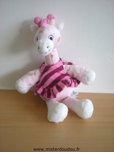 Doudou Girafe H et m Rose robe rayée rose mauve 