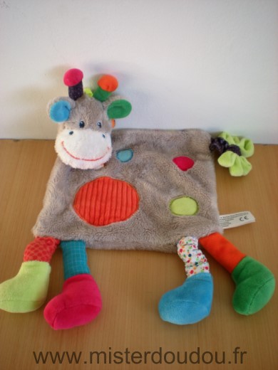 Doudou Girafe Nicotoy Gris rond orange vert bleu rouge echarpe multicolore 