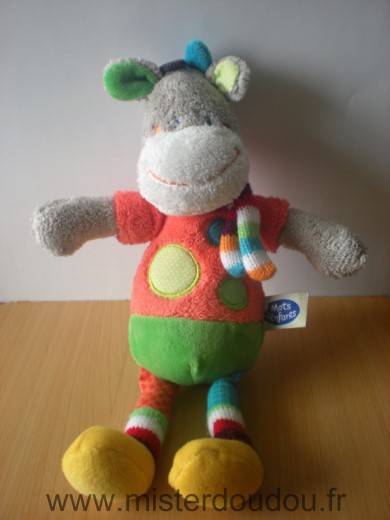 Doudou Girafe Mots d enfants Gris rouge vert bleu echarpe multicolore 