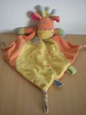 Doudou Girafe Mots d enfants Jaune orange motifs oiseau fleurs 