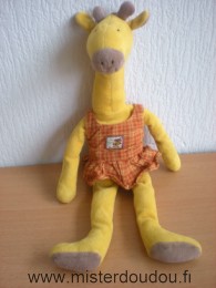 Doudou Girafe Moulin roty Jaune  robe carreaux orange Les zazous