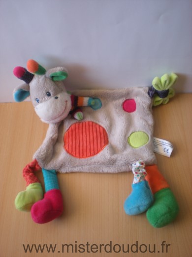 Doudou Girafe Nicotoy Gris rond rouge echarpe multicolore 