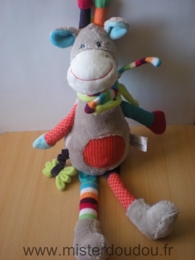 Doudou Girafe Nicotoy Gris rond rouge echarpe verte et multicolore 